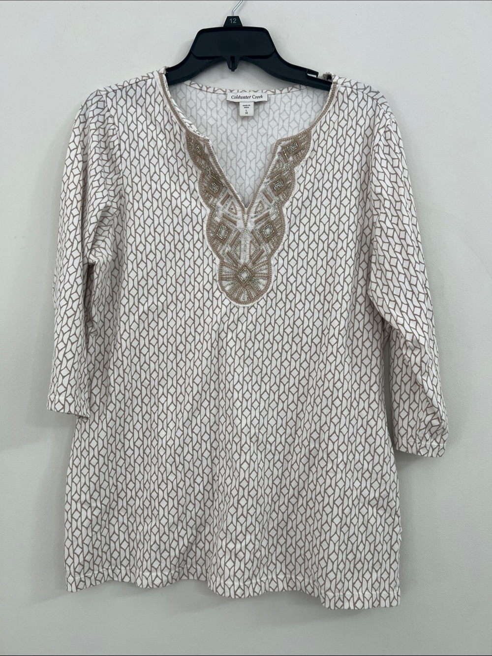 Coldwater Creek Cream Tunic with Tan Embroidered V-Detail